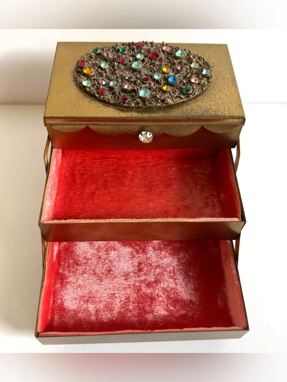 Vtg Brass Accordion Cantilever Jewelry Box Jeweled Rhinestone Hollywood Regency
